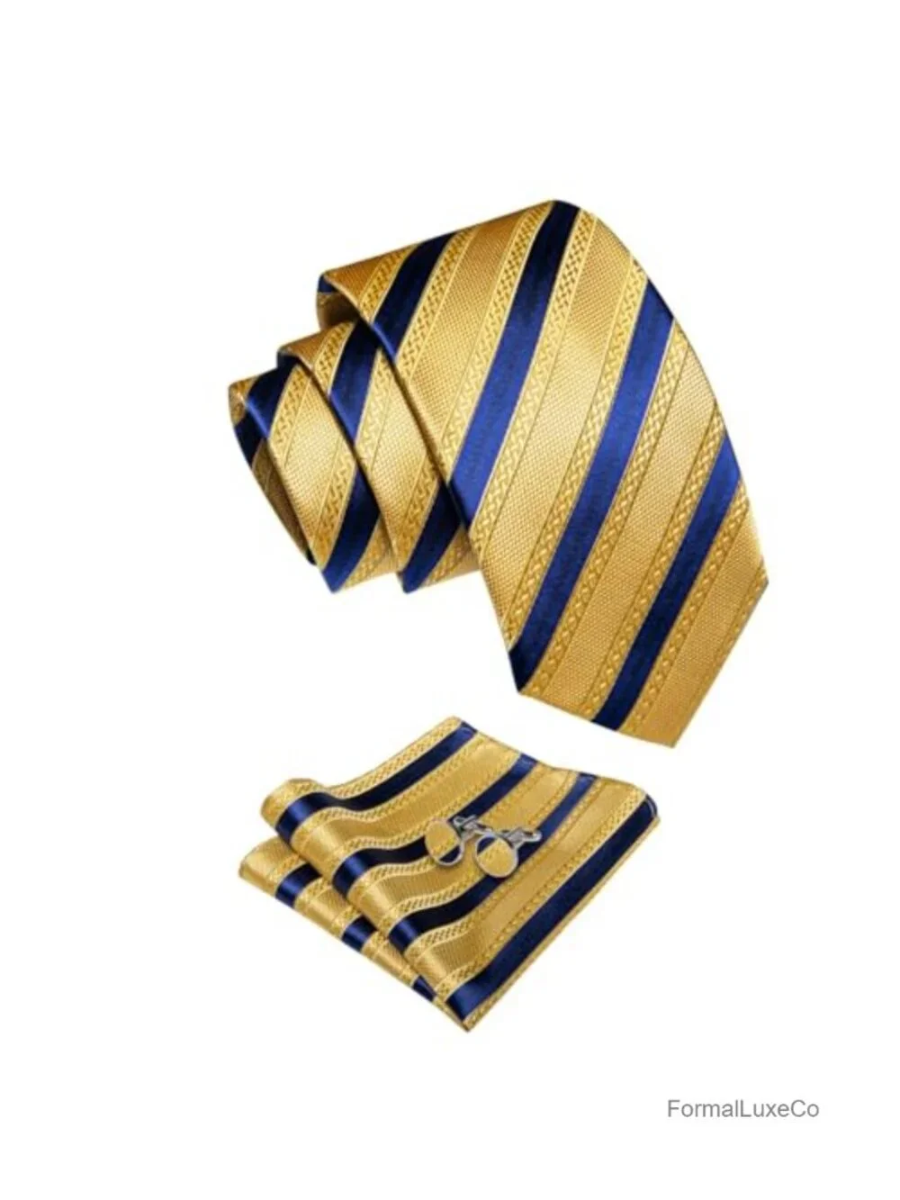 Silk Tie Pocket Square Cufflinks Set for Men Striped Jacquard
